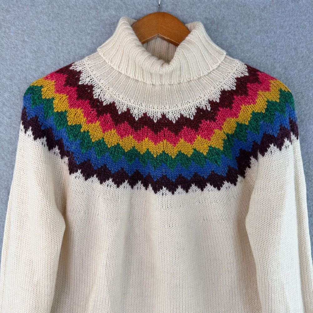 Alya Women's Fair Isle Multi-Color Ivory Wool Blend Turtleneck Sweater Preppy M - Picture 2 of 6